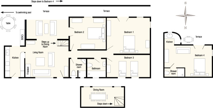 Bedrom 1 with french windows to terrace and views of the valley